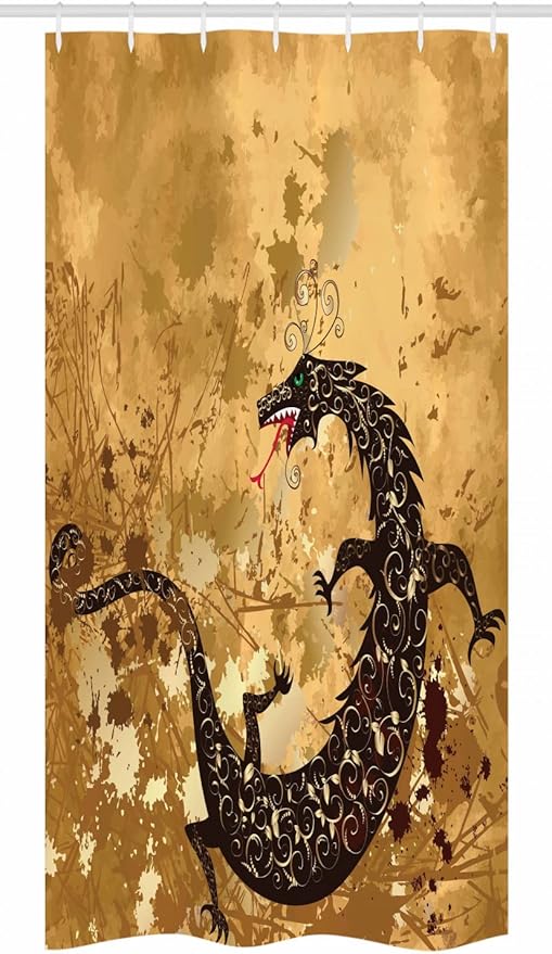 Ambesonne Dragon Stall Shower Curtain, Reptile Dragon Grunge Floral Ornate Retro Image, Fabric Bathroom Decor Set with Hooks, 36" W x 72" L, Pale Caramel Sand Brown
