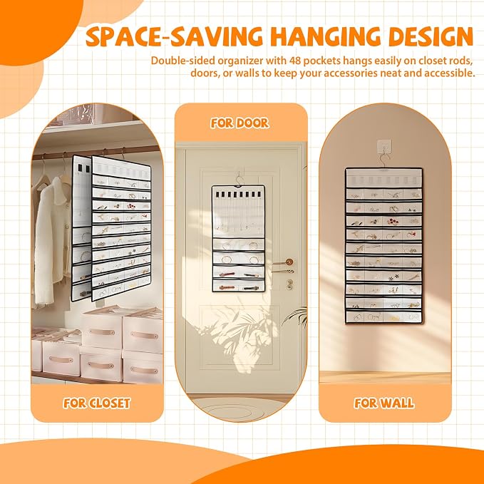 48 Pockets Hanging Jewelry Organizer with Necklace Straps, Double-Sided White Closet Jewelry Holder for Space-Saving Storage of Earrings, Bracelets & Necklaces
