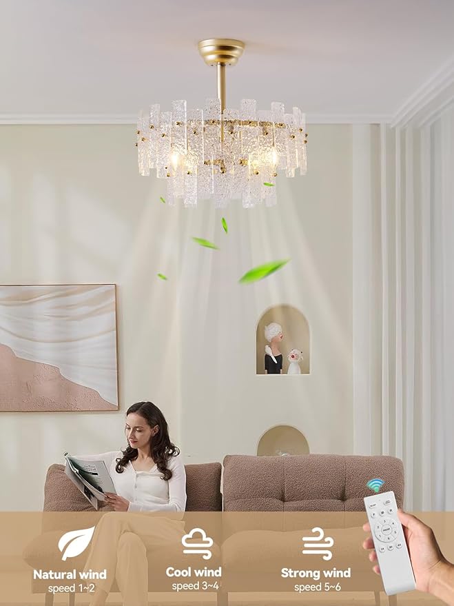 20" Gold Fandelier Ceiling Fan with Light,Gold Crystal Chandelier Ceiling Fans with Lights and Remote Control,Mid-Century Modern Caged with 6 Speeds for Living Room Bedroom Nursery