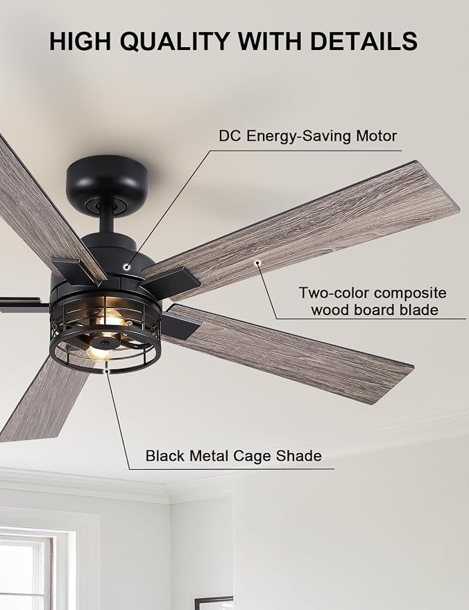 52 Inch Farmhouse Ceiling Fans with Lights and Remote, Black Industrial Caged Ceiling Fans for Bedroom, Living Room, 6-Speed Reversible Quiet DC Motor, Rustic Design
