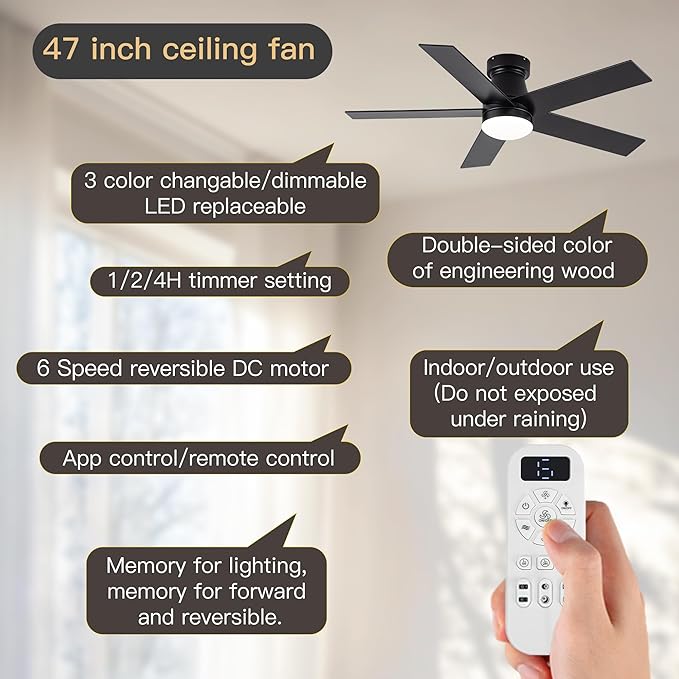 OURSTAR Ceiling Fans with Lights and Remote Control, Black Low Profile Ceiling Fan with Light 3-Color LED Dimmable, Memory for Lighting and Fan Reversible, 6-Speed, Timer, Indoor/Outdoor Use, 47 Inch