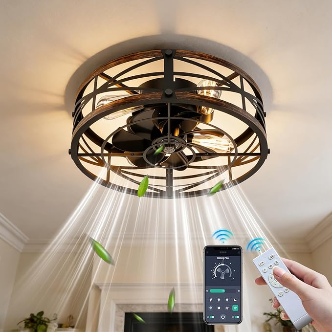 20" Caged Ceiling Fan with Light and Remote App Control, Rustic Round Flush Mount Low Profile Ceiling Fandelier Lights, 6 Speed and Reversible, Farmhouse Industrial Style for Bedroom, Kitchen