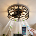 20" Caged Ceiling Fan with Light and Remote App Control, Rustic Round Flush Mount Low Profile Ceiling Fandelier Lights, 6 Speed and Reversible, Farmhouse Industrial Style for Bedroom, Kitchen