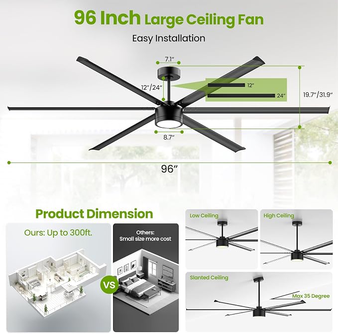 96 Inch Industrial Ceiling Fan with Light,Large Ceiling Fan with Remote and APP,6 Reverisble Aluminum Blades,6-Speed,Indoor,Outdoor Ceiling Fans for Patios/Shop/Garage/Commercial Black