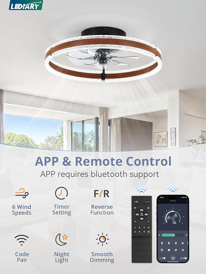 LEDIARY 20" Ceiling Fans with Lights and Remote, Low Profile Ceiling Fan with Light, 3000-6000K Dimmable Fandelier Ceiling Fans, Modern Flush Mount Fan Light for Bedroom with 6 Wind Speeds - Walnut