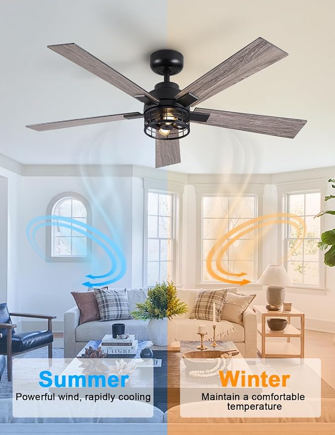 52 Inch Farmhouse Ceiling Fans with Lights and Remote, Black Industrial Caged Ceiling Fans for Bedroom, Living Room, 6-Speed Reversible Quiet DC Motor, Rustic Design