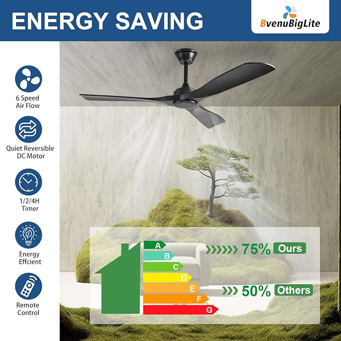 Ceiling Fan Without Light: 52 Inch Outdoor Fan for Patios - Black Ceiling Fan No Light Indoor - Modern 3 Blade Fan with Remote APP Control Reversible 6 Speed DC Motor