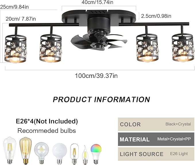 Garwarm Ceiling Fans with Lights and Remote,39.3" Kitchen Ceiling Fan,360° Rotatable Lampheads Bladeless Black Fandelier Flush Mount Ceiling Fans for Bedroom Dining Room Living Room（6 Speed, Timing）