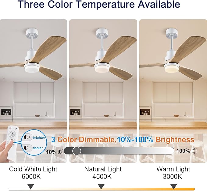 52 Inch Solid Wood Ceiling Fans with Lights, White Modern Ceiling Fan Light with Remote Silent Reversible DC Motor, Dimmable Led Home Decor Fan for Bedroom Living Room Patio