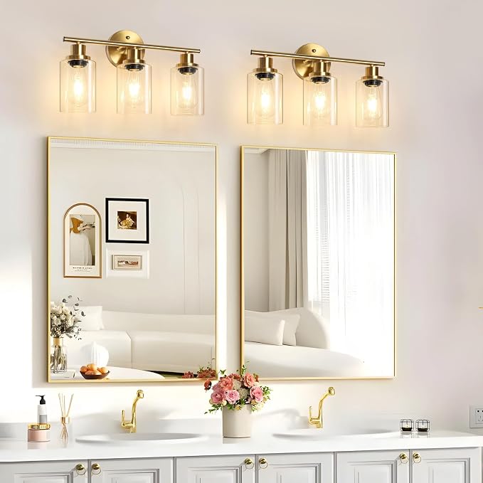 Unicozin Modern Bathroom Light Fixtures, 3 Light Vanity Lights, Gold Wall Lamp with Clear Glass for Bathroom, Mirror, Living Room, Bedroom, Hallway, E26 Base