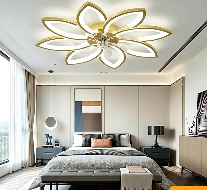 35" Ceiling Fans With Lights and Remote, Low Profile Flush Mount | Ceiling Fan Lights With 6 Speed 3 Colors Dimmable, For Bedroom Living Room, Quiet, Reversible Motor, Timing Gold