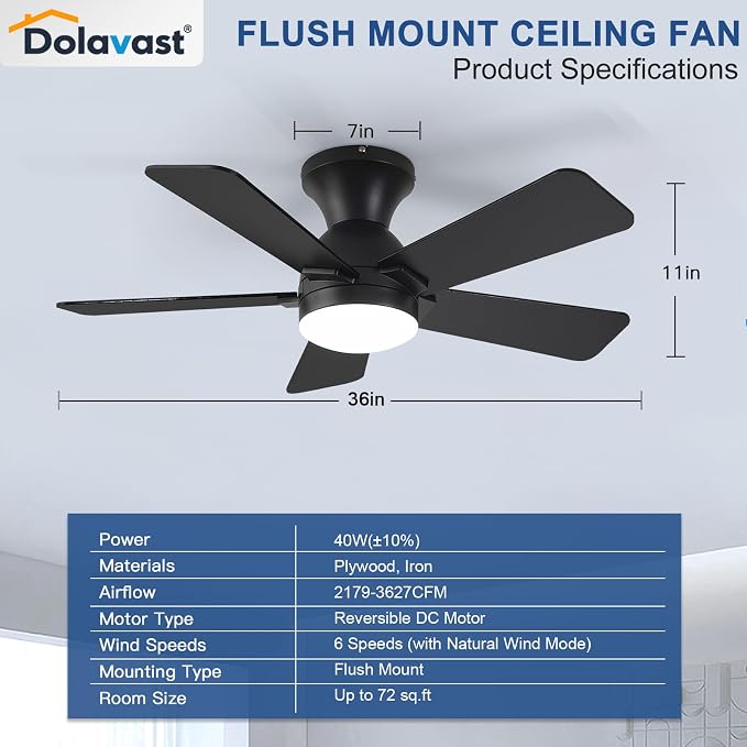 Ceiling Fans with Lights, 36 Inch Low Profile Ceiling Fan with Light and Remote Control, Flush Mount, Reversible, 3CCT, Dimmable LED, Quiet, Black Ceiling Fan for Bedroom, Kitchen, Office