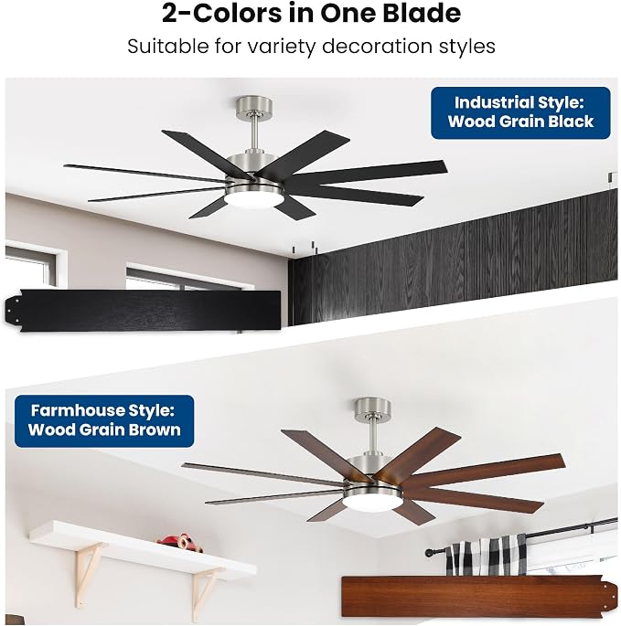 72 Inch Ceiling Fans with Lights and Remote, Dual Color 8 Blades, Living Room Office Library Cafe Indoor Outdoor Industrial, 3CCT Dimmable, 6 Speed Reversible Quiet DC Motor, Sand-nickel/Wood Grain