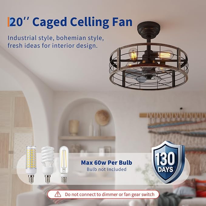 GarveeHome Caged Ceiling Fan 20in with Light, Flush Mount Fan Light Fixture | Metal Cage Flush Mount Ceiling Fan with Light, Remote Control Farmhouse Fan Light for Bedroom