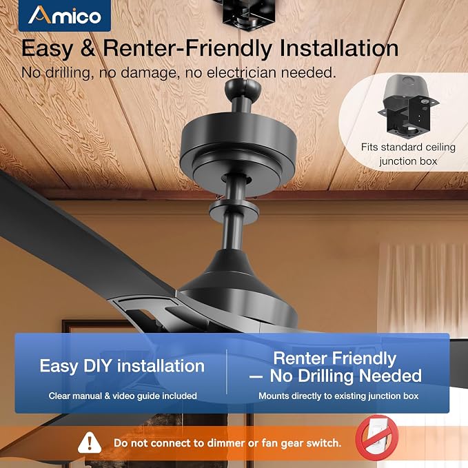 Amico 52 Inch Ceiling Fan with Lights, Modern Black 3-Blade Ceiling Fan with Remote Control, Dimmable LED, 3CCT, Quiet Reversible Motor, Indoor/Outdoor for Patio, Living Room, Bedroom, Kitchen