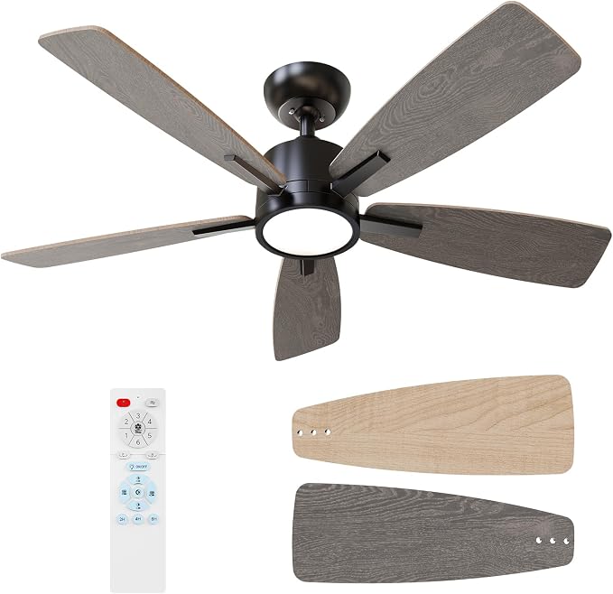 TALOYA 42 Inch Ceiling Fans with Lights Led Remote Control Low Profile Flush Mount for Bedroom Home Outdoor Patio Living Room,3 Color Temperatures,Dimmable,DC Motor,Reversible,5 Blades,Black Walnut