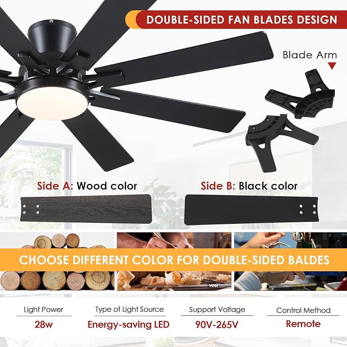 Mpayel Ceiling Fans with Lights, 52 Inch Low Profile Flush Mount Ceiling Fan, Modern Black Ceiling Fan with Light for Bedroom Living Room, Remote/APP Control, Quiet DC Motor, Dimmable, 8 Wood Blades