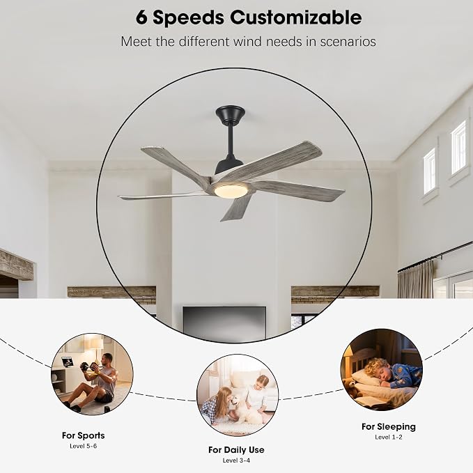52 Inch Solid Wood Ceiling Fan with Lights, Remote and APP Control, 3-color Dimmable LED, DC Motor, 6-speed Reversible, Modern Ceiling Fans for Bedroom, Living Room, Greywood