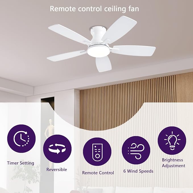 NKPU Ceiling Fans with Lights, Low Profile Ceiling Fan with Light and Remote/APP Control, DC Motor, Noiseless, Flush Mount, 42inch White Ceiling Fan for Bedroom Indoor/Outdoor Use