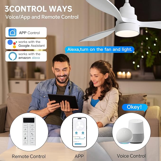 CACI Mall 48 inch White Smart Ceiling Fans with Lights, Low Profile, Modern, 3 Blades, Solid Wood, Remote Control, Work with Alexa/Google, Outdoor Indoor Ceiling Fans for Patio Living Room Bedroom