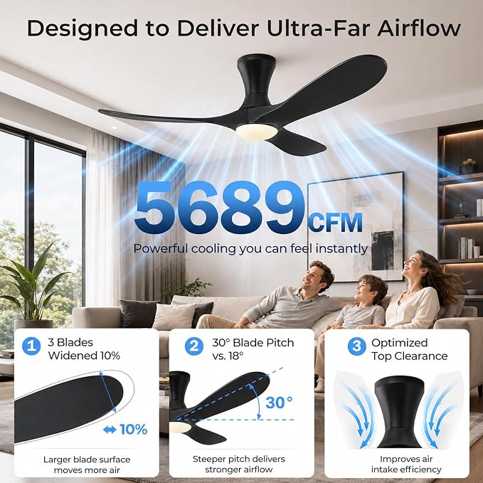 52 inch Smart Flush Mount Ceiling Fans with Lights, Low Profile Ceiling Fan with WIFI Alexa and App Remote Control, Quiet DC Motor, 3 Blades Wood Modern fan for Indoor Outdoor Bedroom Patio, Black