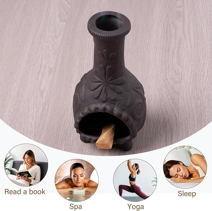 MOUGIGI Elegant Handmade Black Palo Santo Holder–Incense Cone & Stick Burner with Smudge Chimney for Sage, Aromatherapy, Yoga, Meditation and Home Decor | Unique Gift for Friends & Family
