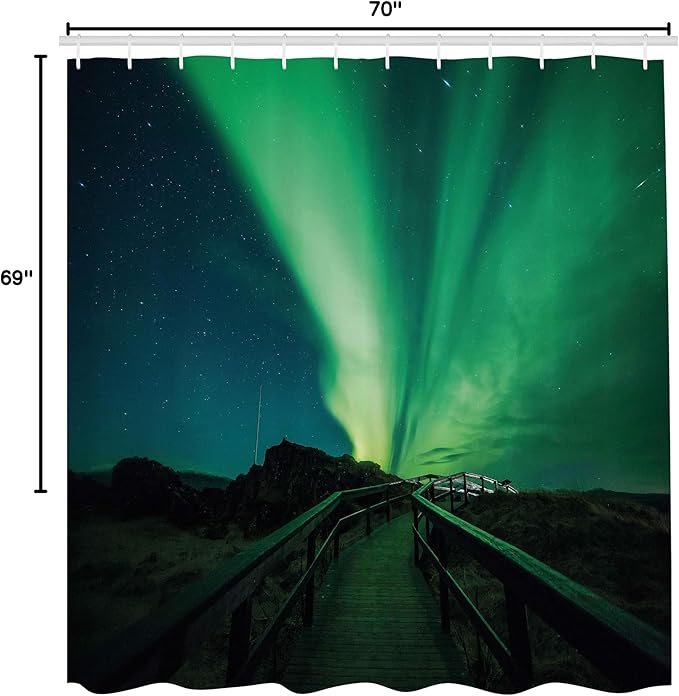 Ambesonne Aurora Borealis Shower Curtain, Wooden Bridge Solar Sky Scenic Radiant Rays Arctic Magic Scenery, Cloth Fabric Bathroom Decor Set with Hooks, 69" W x 70" L, Fern Green Dark Blue