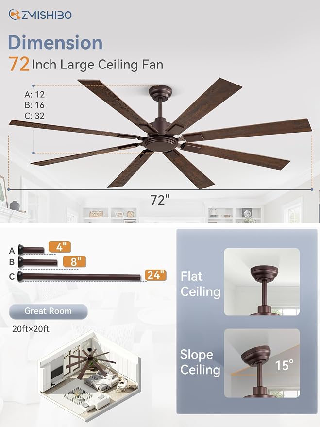 ZMISHIBO 72 Inch Ceiling Fan No Light with Remote Control, 8 Blades Quiet DC Reversible Motor, 6-Speed, Timer, Oil Rubbed Bronze Finish, Indoor Outdoor Ceiling Fans for Patios, Living Room, Garage