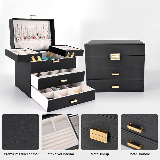 Dajasan Jewelry Organizer Box, Large Jewelry Boxes for Women Girls, Space-Saving 4 Layers Jewelry Storage Case with Drawer, Movable Metal Stand, Modern, Gift Idea (Black + Gold)