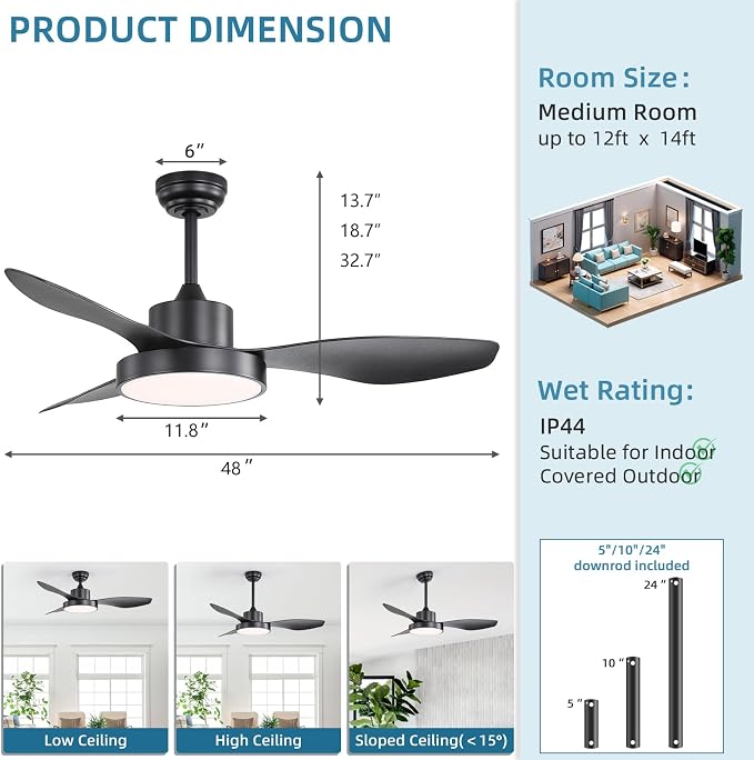 Sofucor 47 Inch Ceiling Fan with Lights and Remote Modern Outdoor Black LED Ceiling Fans with Large Light Fixture Dimmable 6 Speeds Quiet DC Motor &Timing for Patio Bedroom Living Room Office