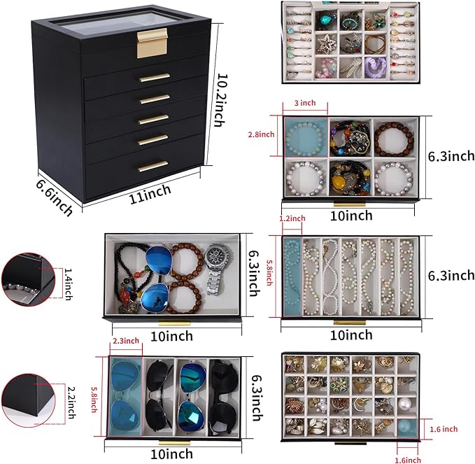 BOOVO Jewelry Boxes for Women, White and Black 6 Layer Large Jewelry Box for Necklace, Bracelet, Earrings, Rings Storage, Jewelry holder Organizer for Girls Gift (Clear Black, 6 layer)