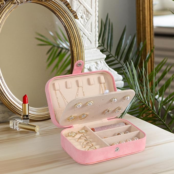 Hatori Travel Jewelry Box, PU Leather Small Jewelry Organizer for Women Girls, Double Layer Portable Mini Travel Case Display Storage Holder Boxes for Stud Earrings, Rings (Pink Beige)
