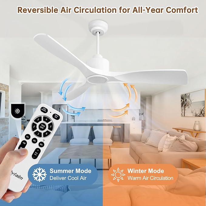 Ovlaim 52 Inch Modern White Ceiling Fan with Lights and Remote High CFM | 3 Blade Smart Ceiling Fan, ETL Listed Quiet Reversible DC Motor,Dimmable 3 Color Light,For Bedroom Living Room Garage Outdoor