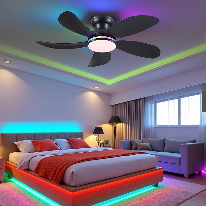 PHORUS 42" Black Modern Low Profile RGB Ceiling Fans with Lights and Remote | 14 RGB Modes,Supports Remote and APP,6 Wind Speeds, Reversible, Dimmable 3 CCT LED, 30W DC Motor,Suits for Bedroom Kidsroom