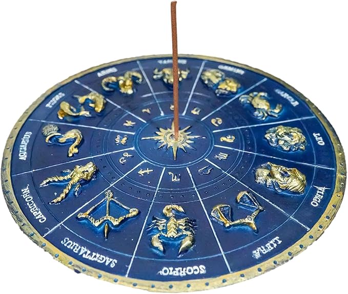 Ebros Gift Blue Ancient Greek Astrological Horoscopes Zodiac Constellations with Sun and Moon Decorative Incense Holder Burner Figurine 6.5" Diameter Home Aromatherapy Accessory