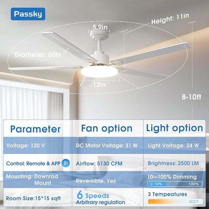 Passky Ceiling Fans with Lights, 60 inch Sleek Ceiling Fan with Light and Remote Control, 3CCT, Dimmable, Reversible, Noiseless, White Ceiling Fan for Bedroom, Living Room