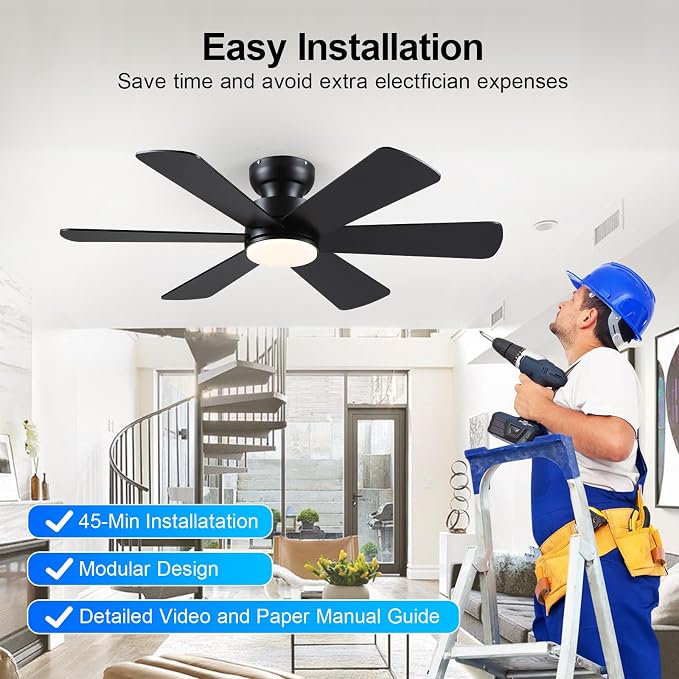 BayDay 46 inch Ceiling Fans with Lights, Black Ceiling Fan with Remote APP, Dual-Sided Modern/Rustic 6 Blades, Reversible, 3CCT, Flush Mount Low Profile Ceiling Fan with Lights Bedroom Kitchen Indoor