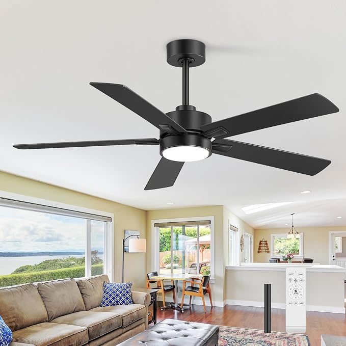 Ceiling Fans with LED Lights, 52 Inch 5-Blade Ceiling Fan Remote Control, Industrial Ceiling Fan with Reversible DC Motor, Downrod Mount LED Ceiling Light Chandelier for Bedroom (Black)