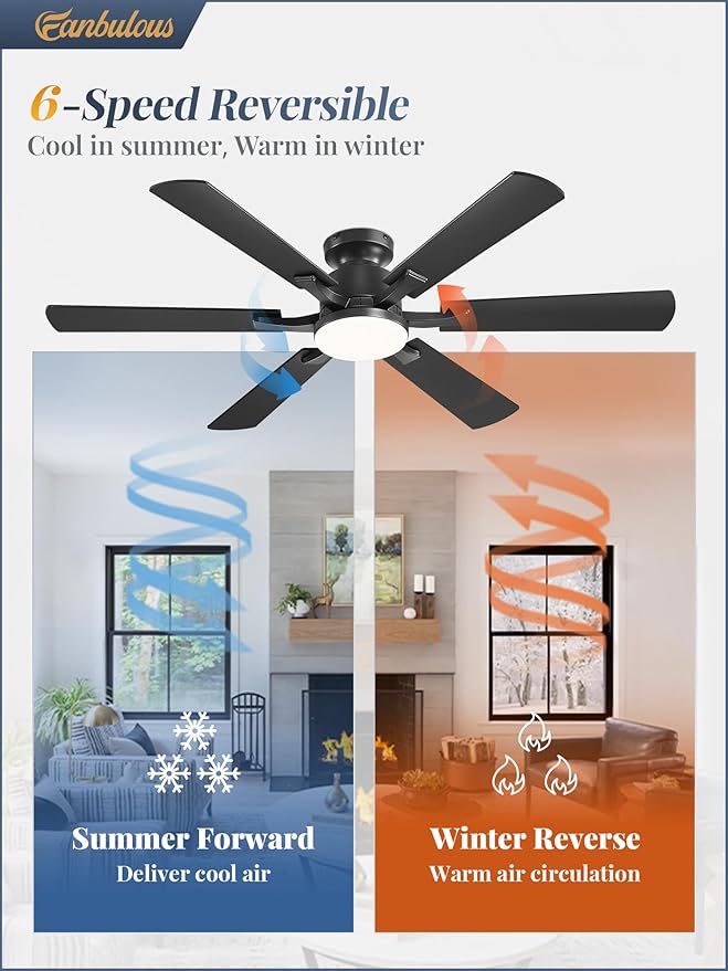 Fanbulous 52 Inch Ceiling Fan with Lights, APP & Remote Control, Flush Mount Low Profile Black Ceiling Fan, 3000-6000K Dimmable LED, Quiet Reversible Motor, 6 Blades, 6 Speeds, for Bedroom Living Room