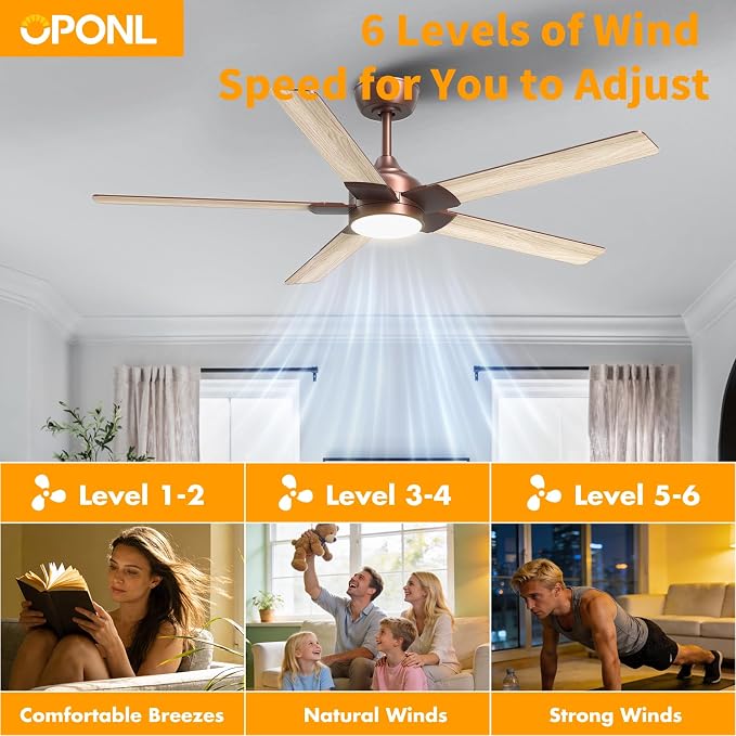 OPONL Ceiling Fan with Light, Ceiling fan with Light and Remote Control, Reversible, 6CCT, Dimmable, Noiseless, Ceiling Fan for Bedroom, Indoor/Outdoor Use, Brown, 52 inch, Modern