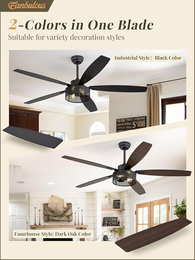 Fanbulous Farmhouse Ceiling Fans with Lights and Remote, 60 Inch Industrial Black Caged Ceiling Fans for Living Room Bedroom Kitchen, 6 Speed Reversible Quiet DC Motor, Dual Finish 5 Blades
