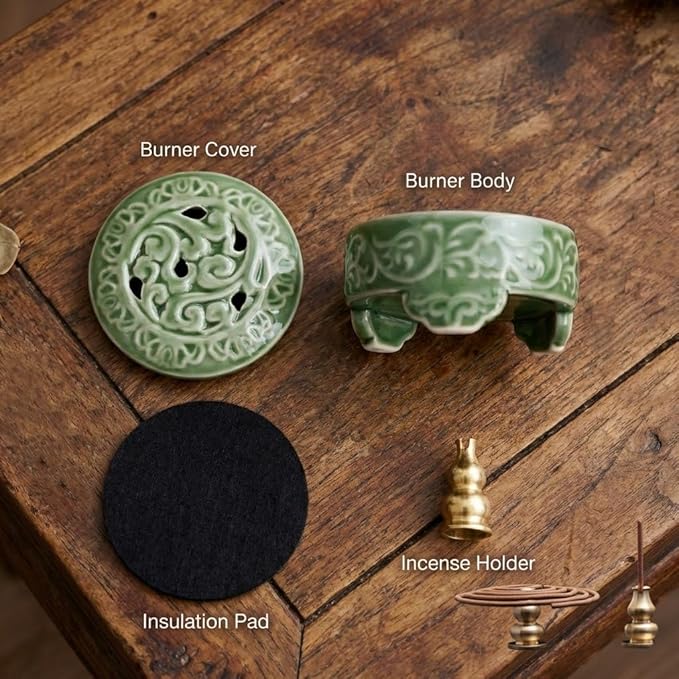 USMOLA Incense Burner with Lid, Ceramic Incense Holder for Stick Cones & Coils Incense with Burn Cotton for Home, Office, Yoga, Green Lotus