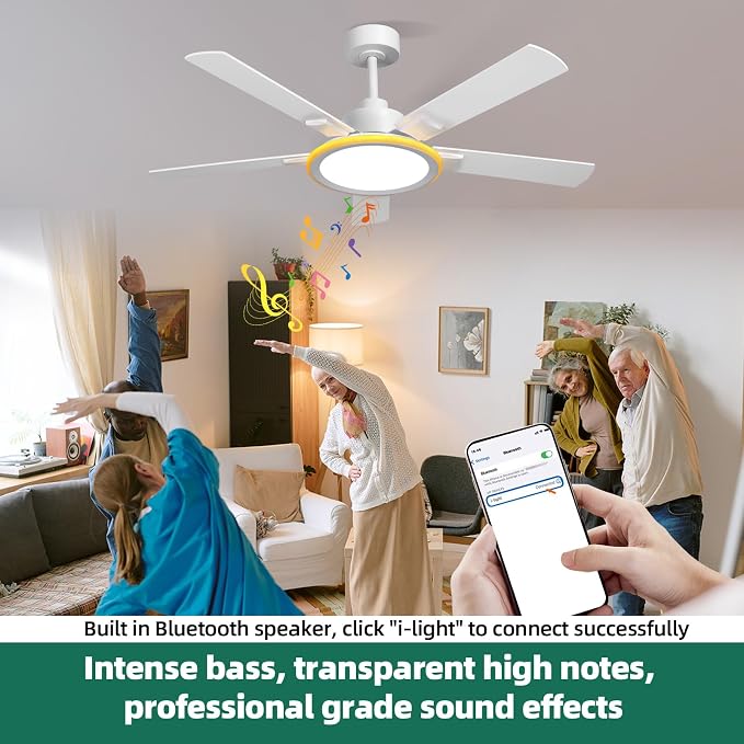 BAYSQUIRREL Smart 52" Ceiling Fans with Lights,Bluetooth Ceiling Fan with Speaker,6-Speeds DC Reversible Noiseless Motor,Full-Spectrum Eye-Care Flush Mount Ceiling Fan with Light