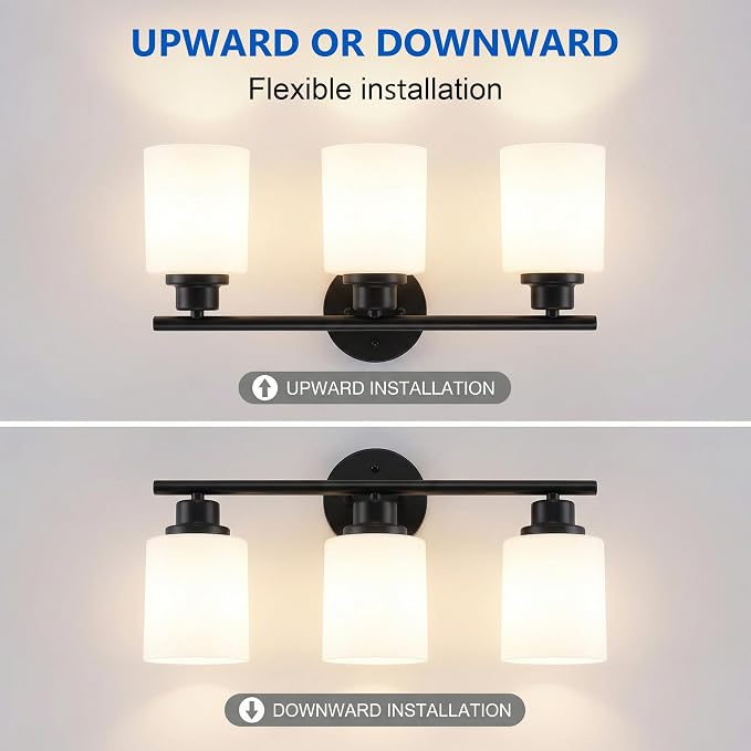 Unicozin 3 Light Bathroom Light Fixtures, Modern Vanity Lights with Milky Glass Shade, Black Wall Lamp Over Mirror for Bathroom, Living Room, Cabinet, Bedroom, E26 Base