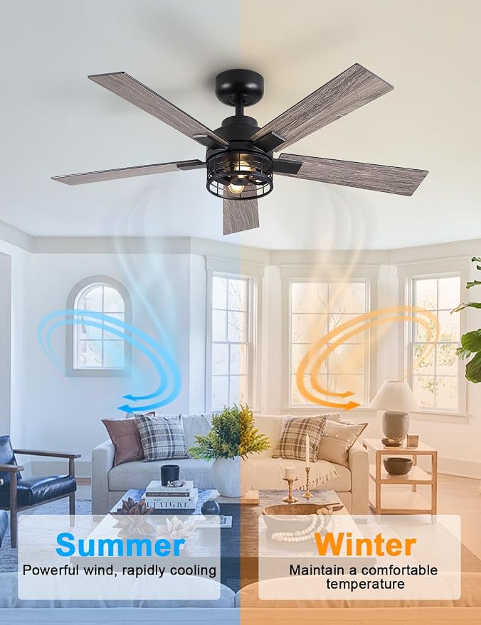 46 Inch Farmhouse Ceiling Fans with Lights and Remote, Black Industrial Caged Rustic Ceiling Fans for Bedroom, Living Room, 6-Speed Reversible Quiet DC Motor, Rustic Design