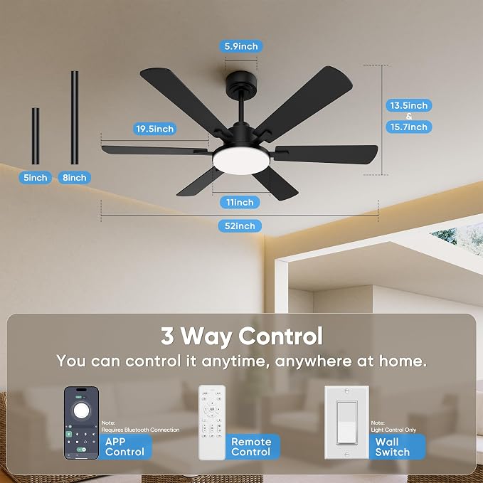 52 Inch Ceiling Fans with Lights, 6 Double Sided Blades, Ultra Quiet Reversible DC Motor, Remote & APP Control, 6 Speeds, 3CCT Dimmable LED with Memory Function, Downrod Mount for Living Room, Black