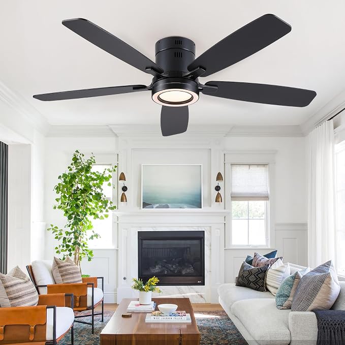 52 Inch Modern Ceiling Fans with Lights Flush Mount Indoor, Black | Low Profile, Dimmable LED, Reversible, Quiet DC Motor, Wooden Blades, for Modern Apartment Bedroom Home Office Living Room