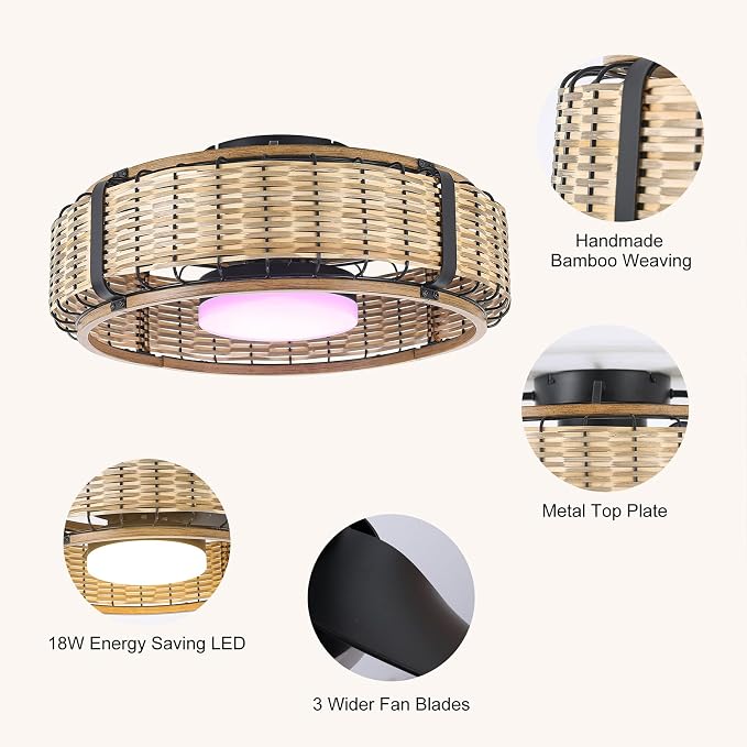 Ganeed 20" Bamboo LED Dimmable Ceiling Fan with Light and Remote Control, Boho Rattan Caged Ceiling Fans with Lights 6 Speed/Timer/RGB Flush Mount Fandelier for Kitchen Living Room Indoor Bedroom