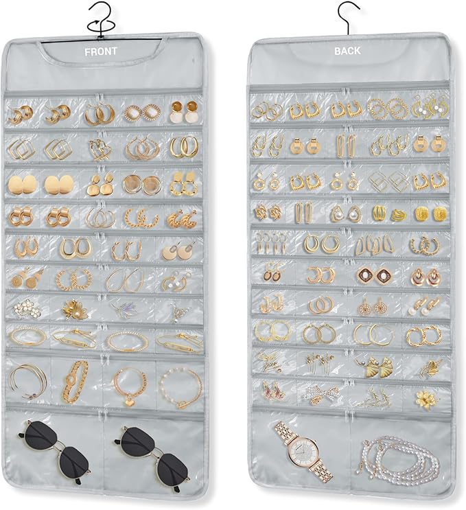 Hanging Jewelry Organizer Storage with 88 Zippered Pockets, Dustproof Foldable for Travel, Double-Sided Accessories Organizer Holder for Earrings Necklaces Rings on Closet Wall Door (Gray)