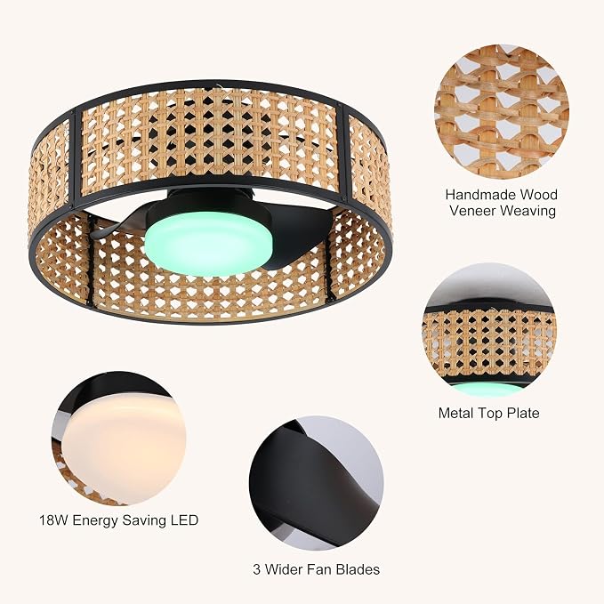 Ganeed 20" Handwoven Rattan Boho Ceiling Fans with Lights, Dimmable RGB LED Wicker Caged Ceiling Fan with Light and Remote, 6 Speed/Reversible Motor Rattan Fandelier for Bedroom Dining Room Nursery